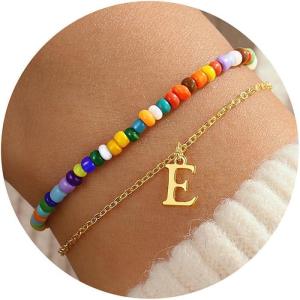 imageTurandoss Colorful Beaded Initial Bracelets for Teen Girls Women Gifts  18K Gold Plated Cute Initial Bracelets for Girls Jewelry Teen Girl Gifts Trendy Stuff Birthday Gifts for GirlsE