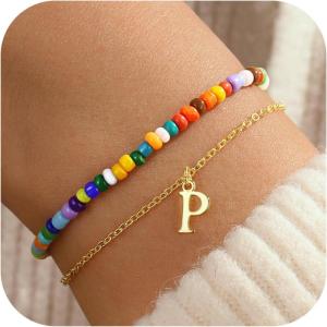 imageTurandoss Colorful Beaded Initial Bracelets for Teen Girls Women Gifts  18K Gold Plated Cute Initial Bracelets for Girls Jewelry Teen Girl Gifts Trendy Stuff Birthday Gifts for GirlsP