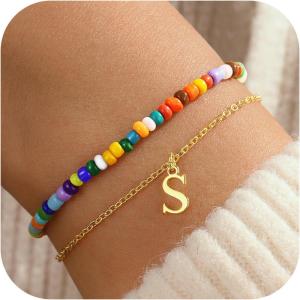 imageTurandoss Colorful Beaded Initial Bracelets for Teen Girls Women Gifts  18K Gold Plated Cute Initial Bracelets for Girls Jewelry Teen Girl Gifts Trendy Stuff Birthday Gifts for GirlsS