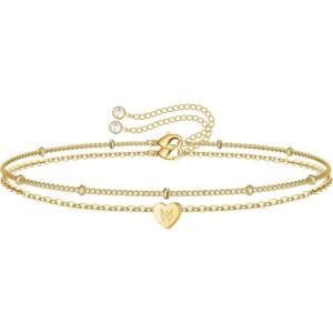 imageTurandoss Dainty Heart Initial Bracelets for Women Girls 14K Gold Filled Handmade Personalized Letter Layered Heart Initial Bracelets for Women Teen Girls Jewelry GiftsW