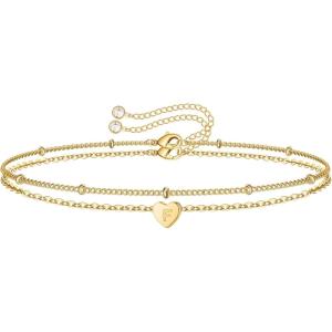 imageTurandoss Dainty Heart Initial Bracelets for Women Girls 14K Gold Filled Handmade Personalized Letter Layered Heart Initial Bracelets for Women Teen Girls Jewelry GiftsF