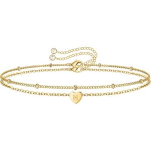 imageTurandoss Dainty Heart Initial Bracelets for Women Girls 14K Gold Filled Handmade Personalized Letter Layered Heart Initial Bracelets for Women Teen Girls Jewelry GiftsN