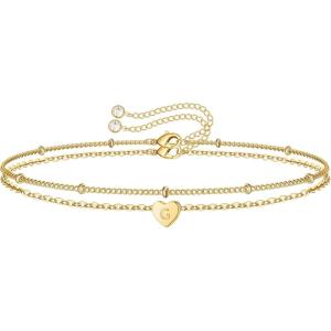 imageTurandoss Dainty Heart Initial Bracelets for Women Girls 14K Gold Filled Handmade Personalized Letter Layered Heart Initial Bracelets for Women Teen Girls Jewelry GiftsG