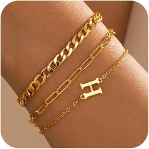 imageTurandoss Gifts for Her  Dainty Stackable Gold Bracelets Jewelry Sets for Women Teen Girls Personalized Initial Bracelets Cuban Link Chain Paperclip Chain Bracelets Gifts for WomenH