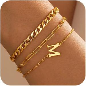 imageTurandoss Gifts for Her  Dainty Stackable Gold Bracelets Jewelry Sets for Women Teen Girls Personalized Initial Bracelets Cuban Link Chain Paperclip Chain Bracelets Gifts for WomenM