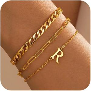 imageTurandoss Gifts for Her  Dainty Stackable Gold Bracelets Jewelry Sets for Women Teen Girls Personalized Initial Bracelets Cuban Link Chain Paperclip Chain Bracelets Gifts for WomenR