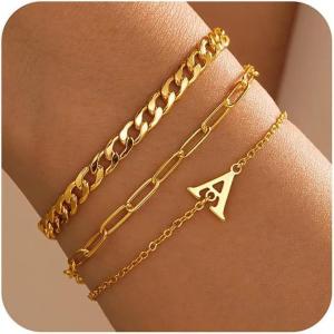 imageTurandoss Gifts for Her  Dainty Stackable Gold Bracelets Jewelry Sets for Women Teen Girls Personalized Initial Bracelets Cuban Link Chain Paperclip Chain Bracelets Gifts for WomenA