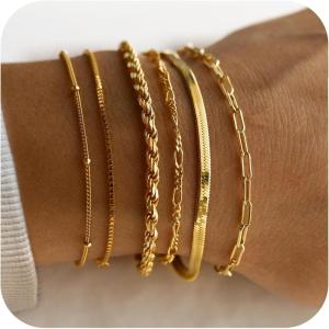 imageTurandoss Gold Bracelets for Women Trendy  18K Real Gold Plated Chain Bracelets Gold Jewelry Sets for Women Dainty Stackable Cuban Beaded Paperclip Link Chain Pearl Bracelets Gold Bracelets for Women6Pcs Link Bracelets