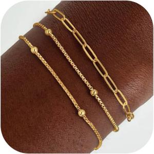 imageTurandoss Gold Bracelets for Women Trendy  18K Real Gold Plated Chain Bracelets Gold Jewelry Sets for Women Dainty Stackable Cuban Beaded Paperclip Link Chain Pearl Bracelets Gold Bracelets for Women3Pcs Chain Bracelets