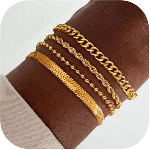 imageTurandoss Gold Bracelets for Women Trendy  18K Real Gold Plated Chain Bracelets Gold Jewelry Sets for Women Dainty Stackable Cuban Beaded Paperclip Link Chain Pearl Bracelets Gold Bracelets for Women4Pcs Chain Bracelets