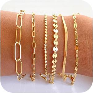 imageTurandoss Gold Bracelets for Women Trendy  18K Real Gold Plated Chain Bracelets Gold Jewelry Sets for Women Dainty Stackable Cuban Beaded Paperclip Link Chain Pearl Bracelets Gold Bracelets for Women6Pcs Chain Bracelets