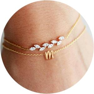 imageTurandoss Gold Initial Bracelet for Women  14K Gold Plated Charm M Initial Layered Bracelets for Women Trendy Dainty Personalized Gold CZ Leaf Charm Bracelets for Women Gifts