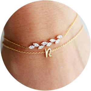 imageTurandoss Gold Initial Bracelets for Women  14K Gold Plated Charm Initial Layered Bracelets for Women Gold CZ Leaf Bracelets for Women Bridesmaid Proposal Gifts bride giftsN