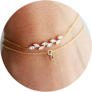imageTurandoss Gold Initial Bracelets for Women  14K Gold Plated Charm Initial Layered Bracelets for Women Gold CZ Leaf Bracelets for Women Bridesmaid Proposal Gifts bride giftsQ