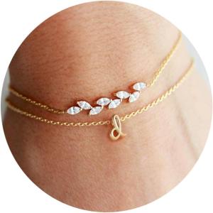 imageTurandoss Gold Initial Bracelets for Women  14K Gold Plated Charm Initial Layered Bracelets for Women Gold CZ Leaf Bracelets for Women Bridesmaid Proposal Gifts bride giftsD