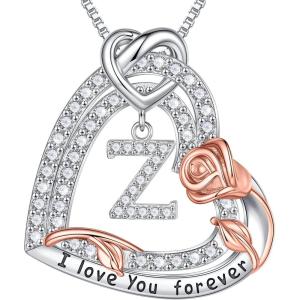 imageTurandoss Rose Heart Necklaces Valentines Day Gifts for Women  S925 Sterling Silver Rose Love Heart Initial Pendant Necklace Valentines Day Birthday Gifts for Women Mom Wife JewelryZ