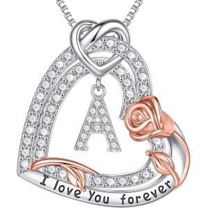 imageTurandoss Rose Heart Necklaces Valentines Day Gifts for Women  S925 Sterling Silver Rose Love Heart Initial Pendant Necklace Valentines Day Birthday Gifts for Women Mom Wife JewelryA