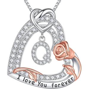 imageTurandoss Rose Heart Necklaces Valentines Day Gifts for Women  S925 Sterling Silver Rose Love Heart Initial Pendant Necklace Valentines Day Birthday Gifts for Women Mom Wife JewelryQ