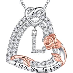 imageTurandoss Rose Heart Necklaces Valentines Day Gifts for Women  S925 Sterling Silver Rose Love Heart Initial Pendant Necklace Valentines Day Birthday Gifts for Women Mom Wife JewelryL