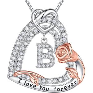 imageTurandoss Rose Heart Necklaces Valentines Day Gifts for Women  S925 Sterling Silver Rose Love Heart Initial Pendant Necklace Valentines Day Birthday Gifts for Women Mom Wife JewelryB