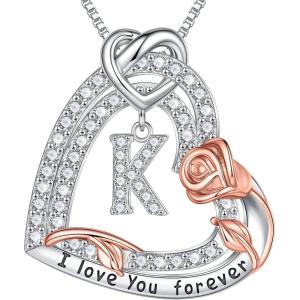 imageTurandoss Rose Heart Necklaces Valentines Day Gifts for Women  S925 Sterling Silver Rose Love Heart Initial Pendant Necklace Valentines Day Birthday Gifts for Women Mom Wife JewelryK