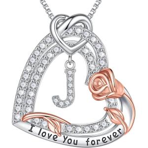 imageTurandoss Rose Heart Necklaces Valentines Day Gifts for Women  S925 Sterling Silver Rose Love Heart Initial Pendant Necklace Valentines Day Birthday Gifts for Women Mom Wife JewelryJ
