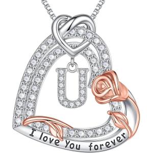 imageTurandoss Rose Heart Necklaces Valentines Day Gifts for Women  S925 Sterling Silver Rose Love Heart Initial Pendant Necklace Valentines Day Birthday Gifts for Women Mom Wife JewelryU