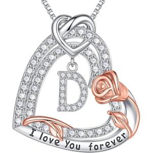 imageTurandoss Rose Heart Necklaces Valentines Day Gifts for Women  S925 Sterling Silver Rose Love Heart Initial Pendant Necklace Valentines Day Birthday Gifts for Women Mom Wife JewelryD