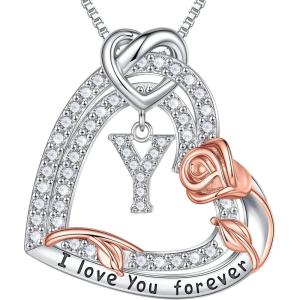 imageTurandoss Rose Heart Necklaces Valentines Day Gifts for Women  S925 Sterling Silver Rose Love Heart Initial Pendant Necklace Valentines Day Birthday Gifts for Women Mom Wife JewelryY