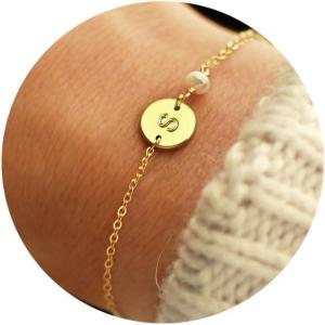 imageTurandoss Valentines Day Gifts for Her  Personalized Gold Bracelets for Women Teen Girls Initial Pearl Bracelets for Girls Gifts Disc Monogram Bracelets Gold Jewelry for Women Teen Girl GiftsGold