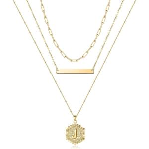 imageTurandoss Gold Layered Initial Necklaces for Women 14K Gold Plated Bar Necklace Handmade Layering Hexagon Letter Pendant Beads Chain Necklace Layered Necklaces for Women Gold Jewelry GiftsJ