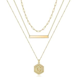 imageTurandoss Gold Layered Initial Necklaces for Women 14K Gold Plated Bar Necklace Handmade Layering Hexagon Letter Pendant Beads Chain Necklace Layered Necklaces for Women Gold Jewelry GiftsC