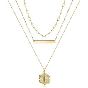imageTurandoss Gold Layered Initial Necklaces for Women 14K Gold Plated Bar Necklace Handmade Layering Hexagon Letter Pendant Beads Chain Necklace Layered Necklaces for Women Gold Jewelry GiftsI