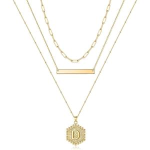 imageTurandoss Gold Layered Initial Necklaces for Women 14K Gold Plated Bar Necklace Handmade Layering Hexagon Letter Pendant Beads Chain Necklace Layered Necklaces for Women Gold Jewelry GiftsD