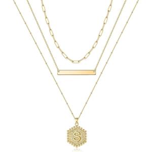 imageTurandoss Gold Layered Initial Necklaces for Women 14K Gold Plated Bar Necklace Handmade Layering Hexagon Letter Pendant Beads Chain Necklace Layered Necklaces for Women Gold Jewelry GiftsS