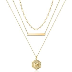 imageTurandoss Gold Layered Initial Necklaces for Women 14K Gold Plated Bar Necklace Handmade Layering Hexagon Letter Pendant Beads Chain Necklace Layered Necklaces for Women Gold Jewelry GiftsM