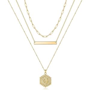 imageTurandoss Gold Layered Initial Necklaces for Women 14K Gold Plated Bar Necklace Handmade Layering Hexagon Letter Pendant Beads Chain Necklace Layered Necklaces for Women Gold Jewelry GiftsG