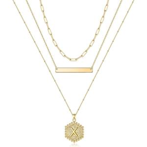 imageTurandoss Gold Layered Initial Necklaces for Women 14K Gold Plated Bar Necklace Handmade Layering Hexagon Letter Pendant Beads Chain Necklace Layered Necklaces for Women Gold Jewelry GiftsX