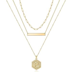 imageTurandoss Gold Layered Initial Necklaces for Women 14K Gold Plated Bar Necklace Handmade Layering Hexagon Letter Pendant Beads Chain Necklace Layered Necklaces for Women Gold Jewelry GiftsP