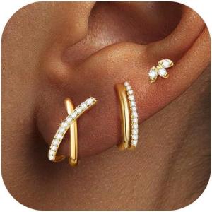 imageGold Earrings Set for Women Trendy  3 Pairs 14K Gold Plated Hypoallergenic Cartilage Huggie Hoop Stud Cubic Zirconia Simple Minimalist Sterling Silver Earrings Dainty Ear Cuff Earring Set for WomenCrown Stud Earrings