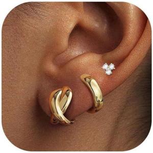 imageGold Earrings Set for Women Trendy  3 Pairs 14K Gold Plated Hypoallergenic Cartilage Huggie Hoop Stud Cubic Zirconia Simple Minimalist Sterling Silver Earrings Dainty Ear Cuff Earring Set for WomenFlower Stud Earrings