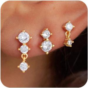 imageTURANDOSS 3 Pairs Stud Earrings Set for Women  14K Gold Plated Hypoallergenic Round Cubic Zirconia Stud Earrings Dainty Everyday Multiple Piercings Jewelry for Women Teen GirlsGold  CZ stud earringsWhite
