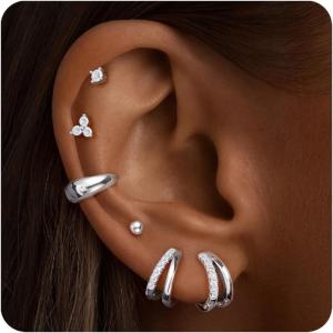 imageTurandoss 14K Gold Plated Hoop Stud Earrings for Women Hypoallergenic Stackable Huggie Earrings for Multiple Piercings Dainty Cartilage Lobe Jewelry SetSilver Plated
