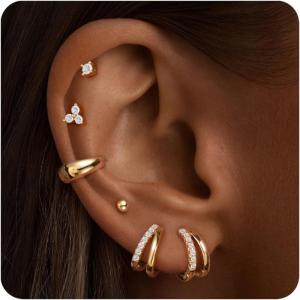imageTurandoss 14K Gold Plated Hoop Stud Earrings for Women Hypoallergenic Stackable Huggie Earrings for Multiple Piercings Dainty Cartilage Lobe Jewelry Set14K Gold Plated