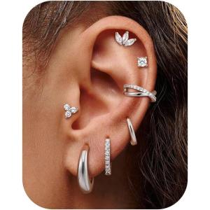 imageTurandoss 14K Gold Plated Huggie Hoop Earrings Sets for Women Small Stud Earring Hypoallergenic Gold Earrings Stacks for Multiple Piercings Jewelry GiftsSilver Plated