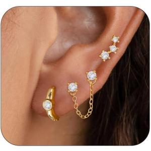 imageTurandoss 14K Gold Plated Stud Earrings for Women Trendy  Gold Hypoallergenic Huggie Cubic Zirconia Studs Earrings for Women Dainty Stud Cartilage Dangle Drop Earring Set for Multiple PiercingZircon earrings and earring chains