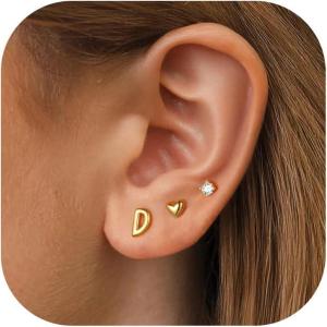 imageTurandoss 3 Pairs Initial Stud S925 Sterling Silver Post Earrings for Girls Girls 14KGoldPlated Letter AZ Heart Initial Stud Earrings Jewelry Gifts for Teen Girls TrendyD