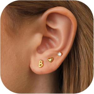 imageTurandoss 3 Pairs Initial Stud S925 Sterling Silver Post Earrings for Girls Girls 14KGoldPlated Letter AZ Heart Initial Stud Earrings Jewelry Gifts for Teen Girls TrendyB