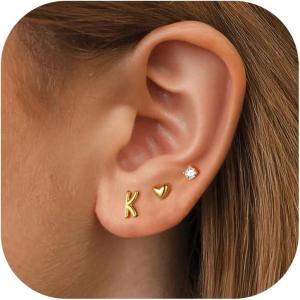 imageTurandoss 3 Pairs Initial Stud S925 Sterling Silver Post Earrings for Girls Girls 14KGoldPlated Letter AZ Heart Initial Stud Earrings Jewelry Gifts for Teen Girls TrendyK