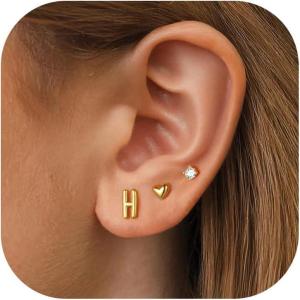 imageTurandoss 3 Pairs Initial Stud S925 Sterling Silver Post Earrings for Girls Girls 14KGoldPlated Letter AZ Heart Initial Stud Earrings Jewelry Gifts for Teen Girls TrendyH